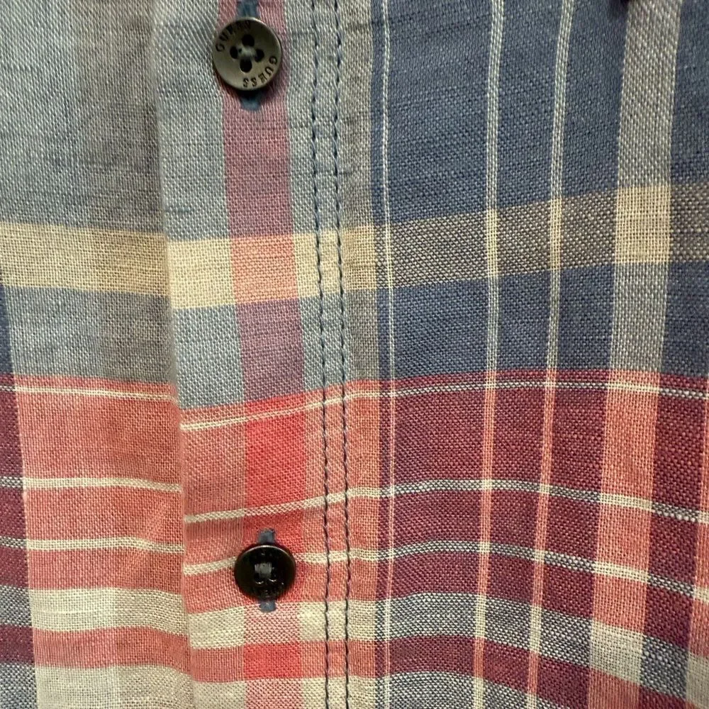 Guess size L slim fit Plaid Button-Up Shirt in Pink and Blue